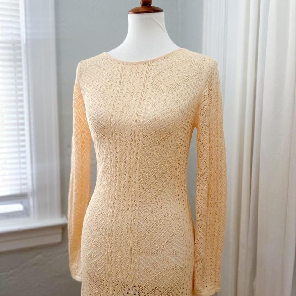 Current Terra Peach Boho Pointelle Knit Long Sleeve Deep V‎ Back Dress Medium